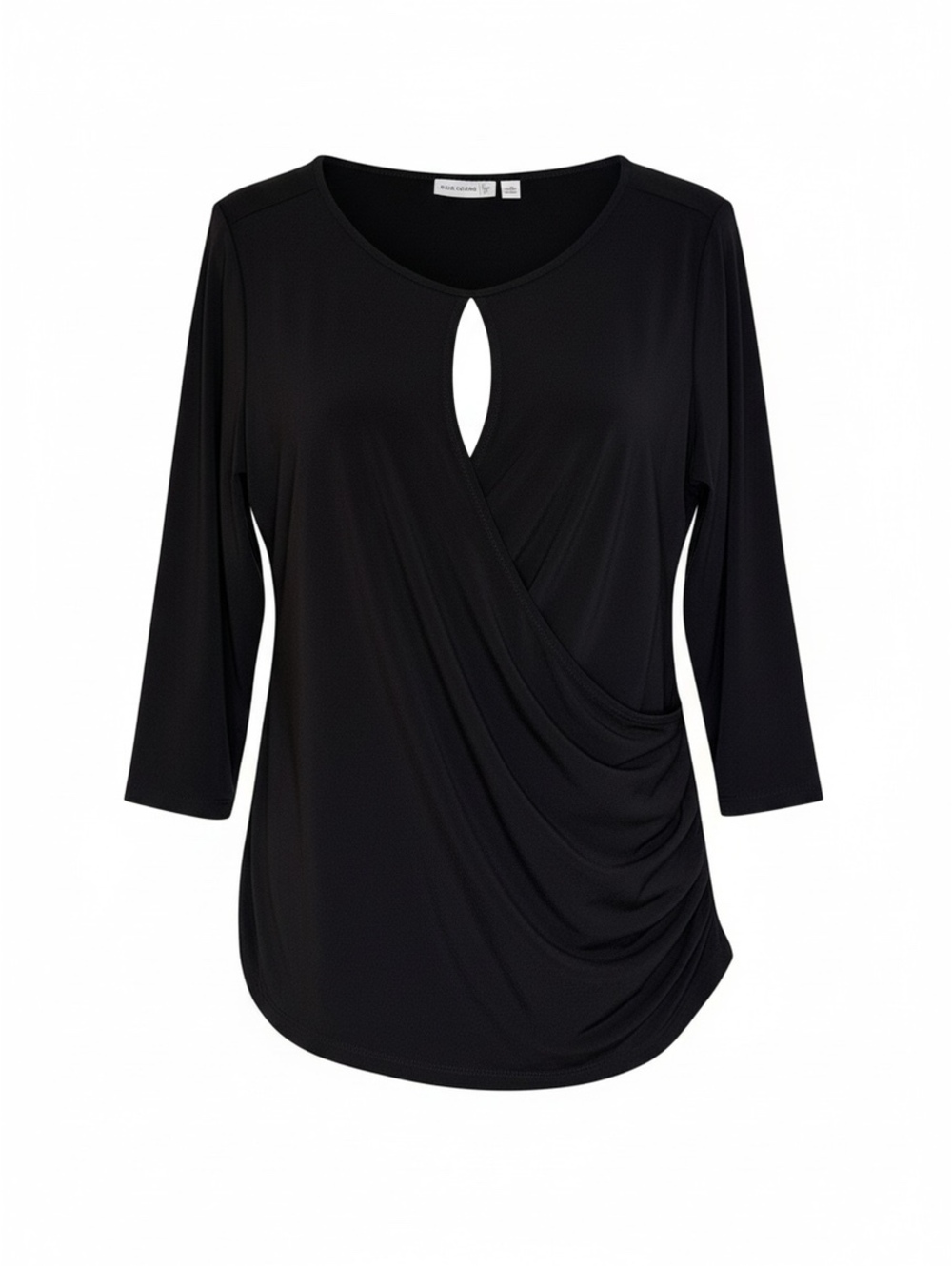 Susan Graver 1X Black Keyhole Faux Wrap Top 3/4 Sleeve Classiccore Minimalist